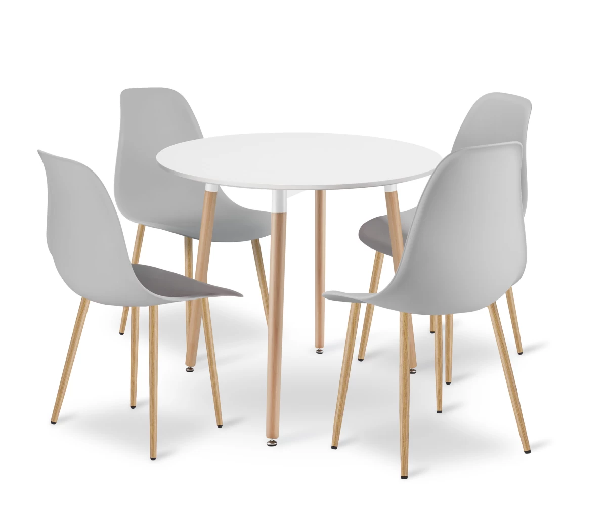 Komplektas Kami Apvalus 80 Cm Stalas - Baltas / Natūralios Kojos + 4 Kėdės Wat Pilka / Natūralios Kojos