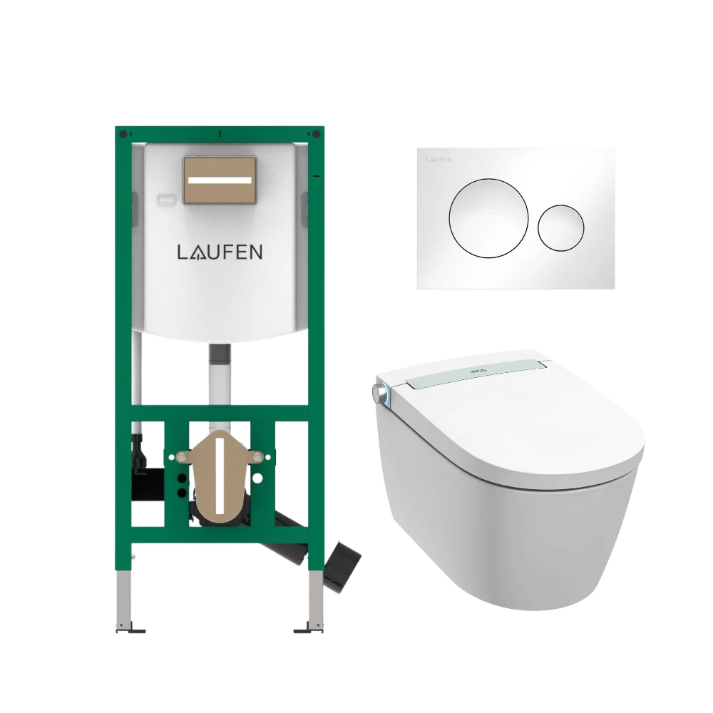 Komplektas: rėmas Laufen INEOLINK su balta plokštele ir unitazas JIKA Clean MILA rimless su bidė funkcija