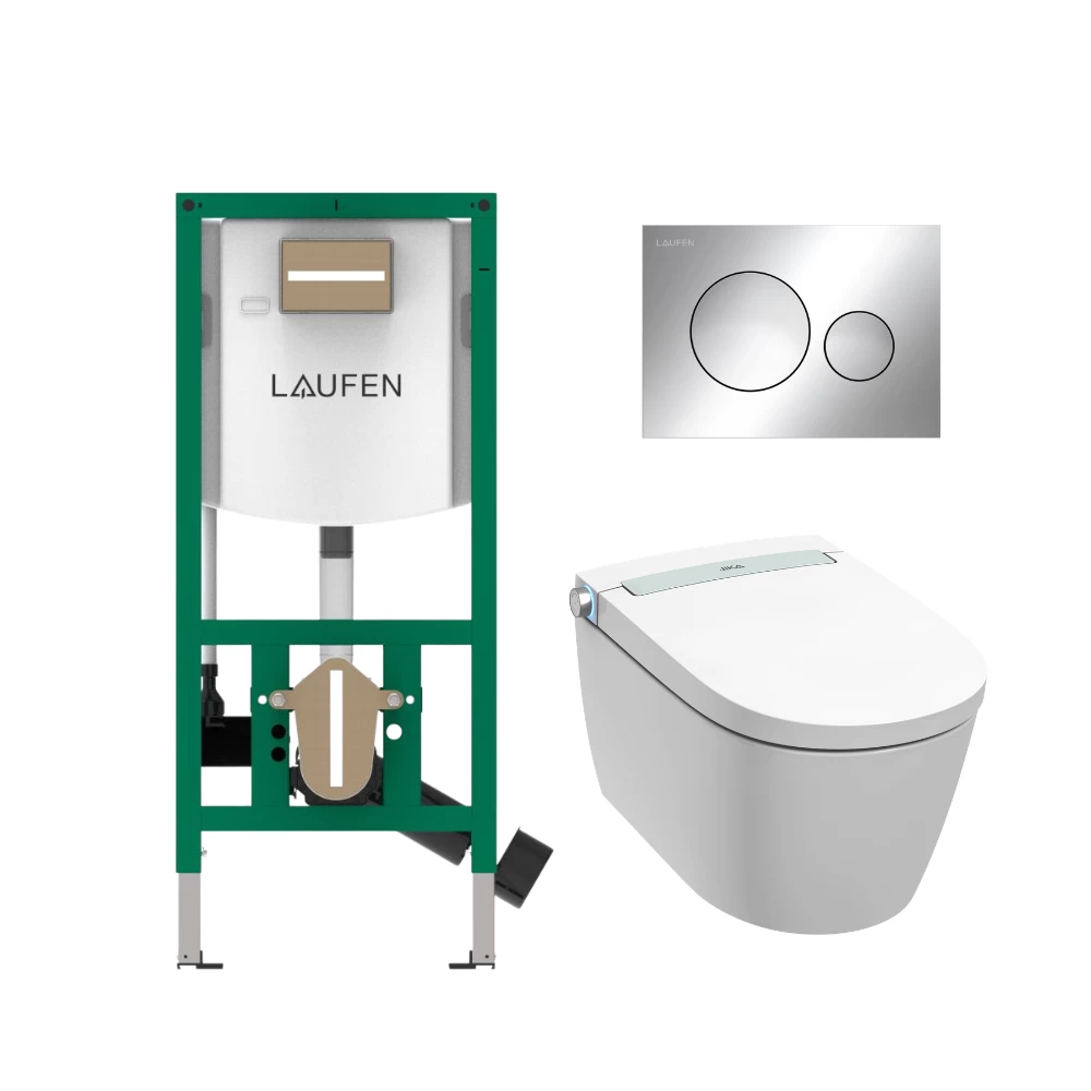 Komplektas: rėmas Laufen INEOLINK su chromine plokštele ir unitazas JIKA Clean MILA rimless su bidė funkcija