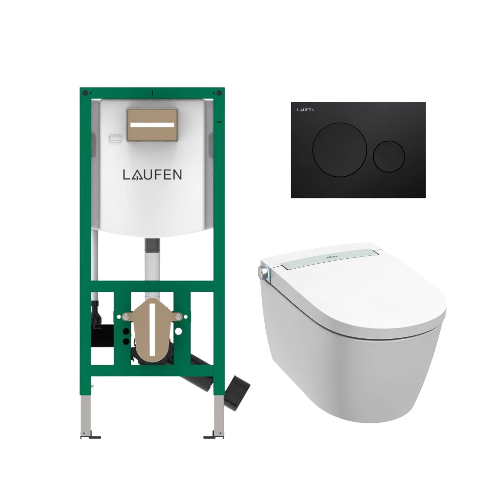 Komplektas: rėmas Laufen INEOLINK su juoda matine plokštele ir unitazas JIKA Clean MILA rimless su bidė funkcija