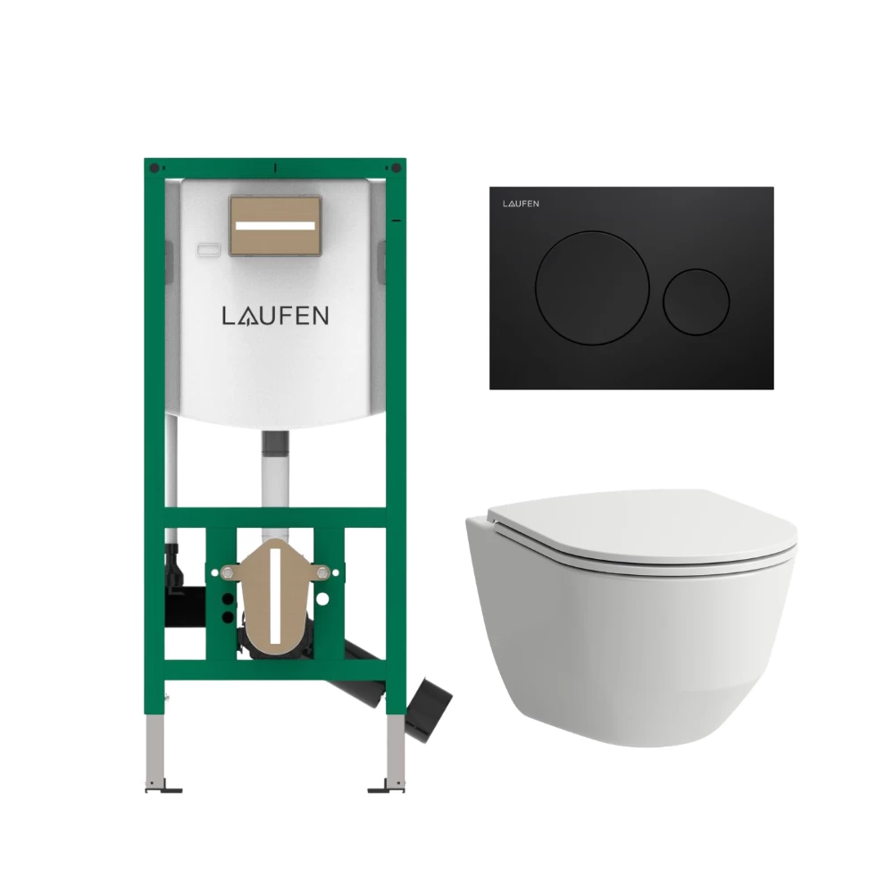 Komplektas: rėmas Laufen INEOLINK su juoda matine plokštele ir unitazas Laufen Pro New Rimless