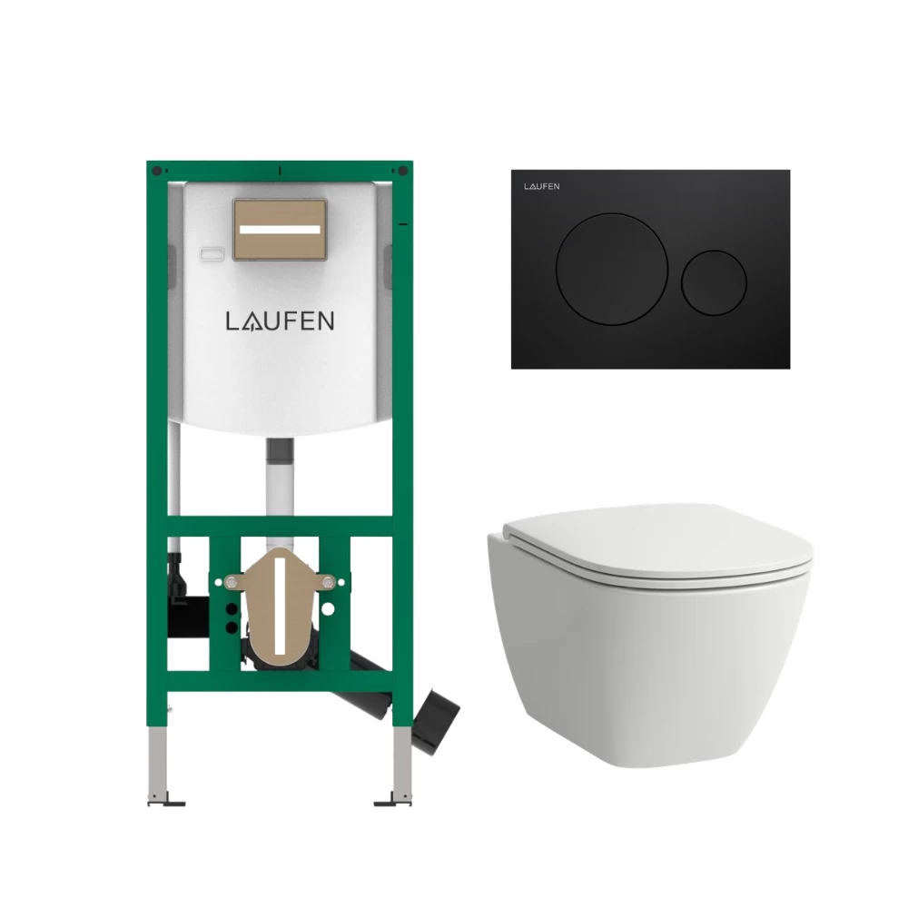 Komplektas: rėmas Laufen INEOLINK su juoda plokštele ir unitazas Laufen Lua Rimless