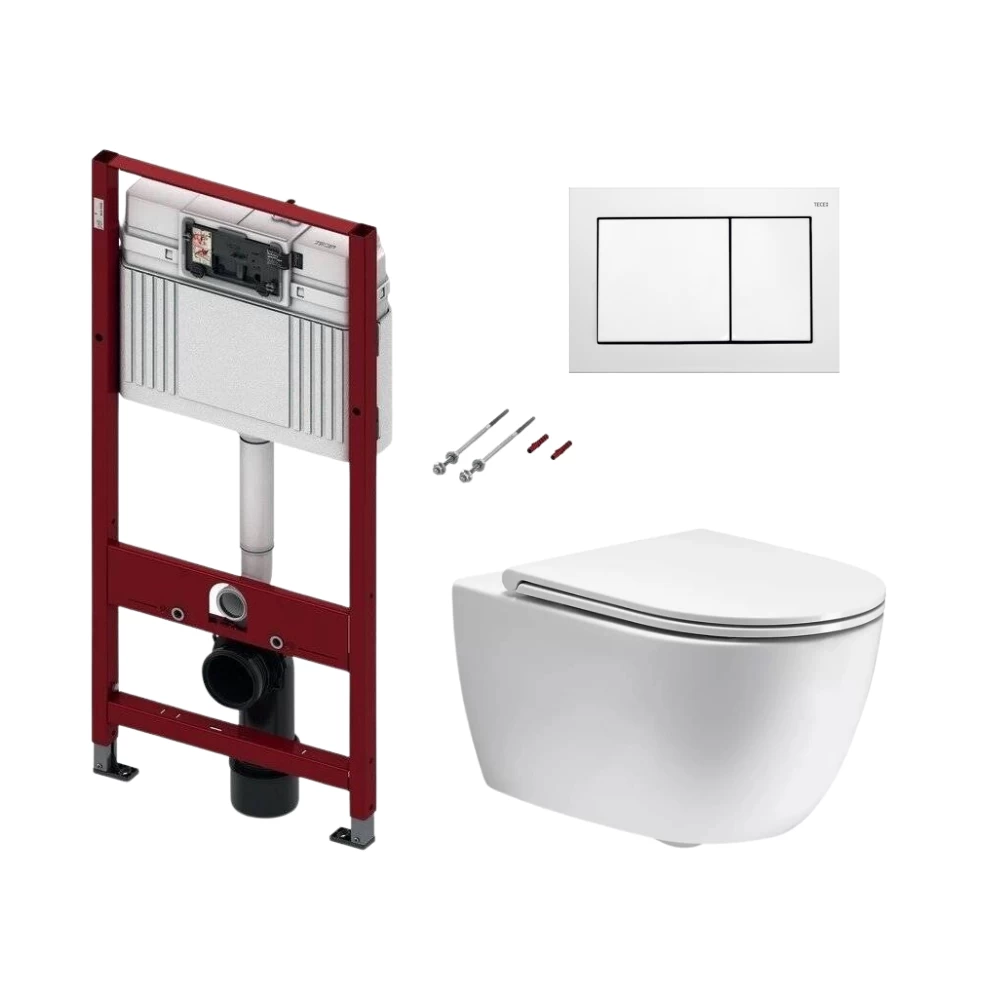 Komplektas: rėmas TECEbase su balta plokštele ir unitazas Simas Trevi Rimless su Soft Close dangčiu