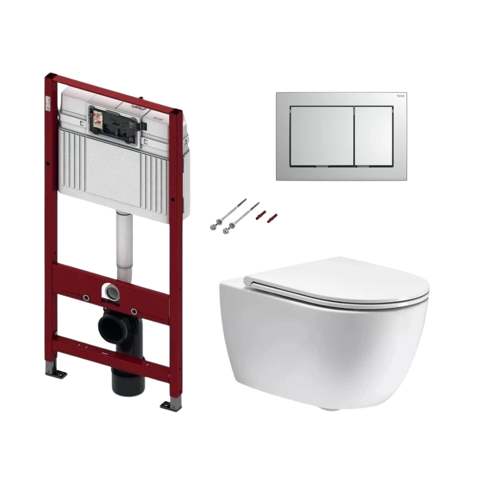 Komplektas: rėmas TECEbase su chromuota plokštele ir unitazas Simas Trevi Rimless su Soft Close dangčiu