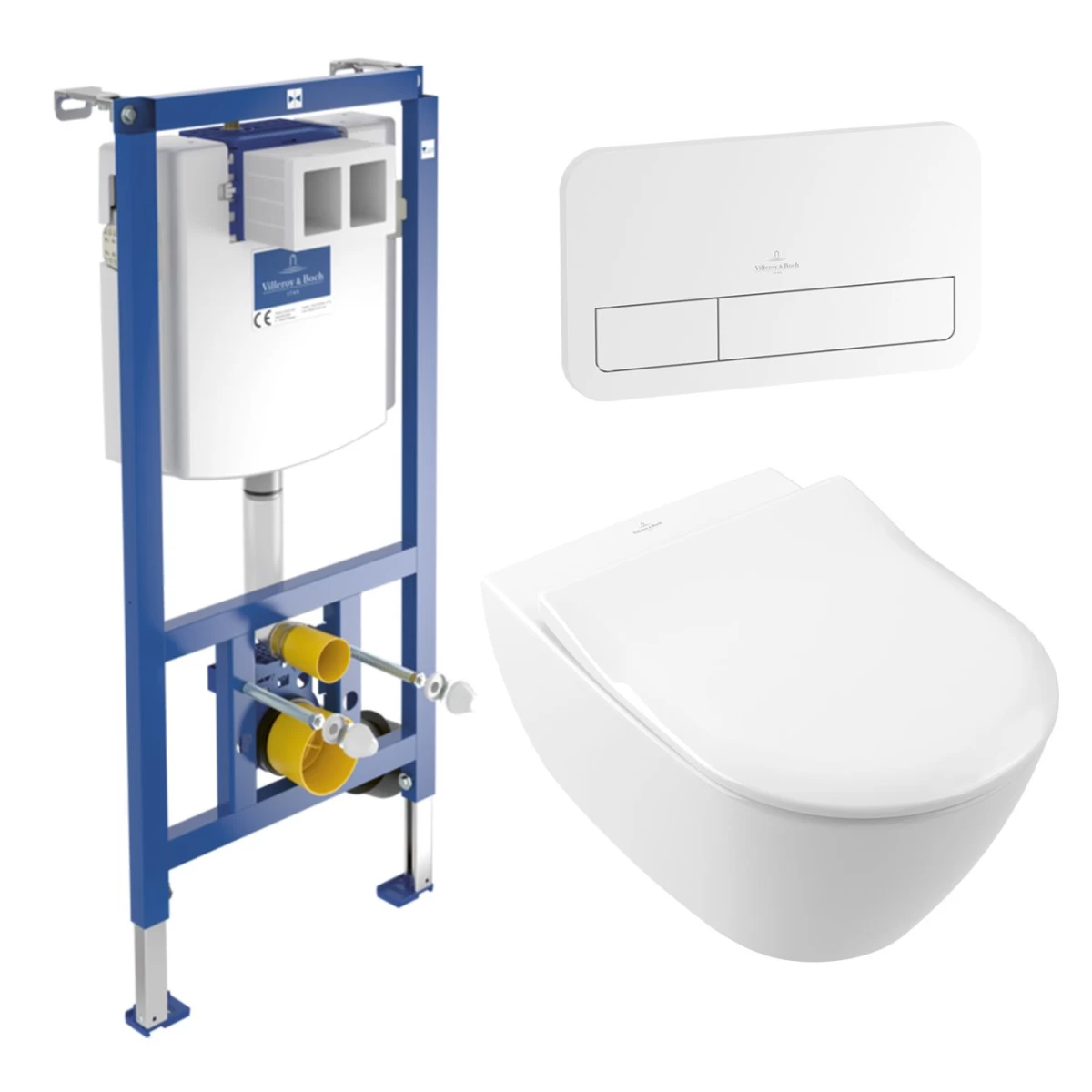Komplektas: rėmas Villeroy & Boch ViConnect su balta plokštele ir unitazas Villeroy & Boch Subway 2.0 Rimless su Soft Close dangčiu Komplektas: rėmas Villeroy & Boch ViConnect su balta plokštele ir unitazas Villeroy & Boch Subway 2.0 Rimless su Soft Close dangčiu