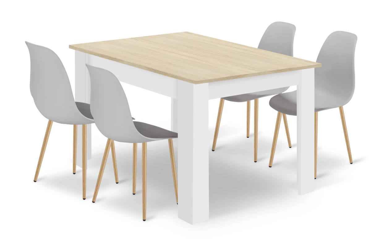 Komplektas Stalas Np 120x80 Sonoma ąžuolas + Balta + 4 Kėdės Wat Pilka / Natūralios Kojos