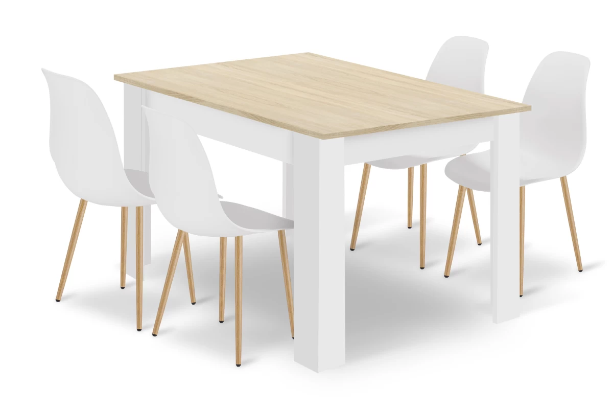 Komplektas Stalas Np 120x80 Sonoma ąžuolas + Baltas + 4 Kėdės Wat Baltos / Natūralios Kojos