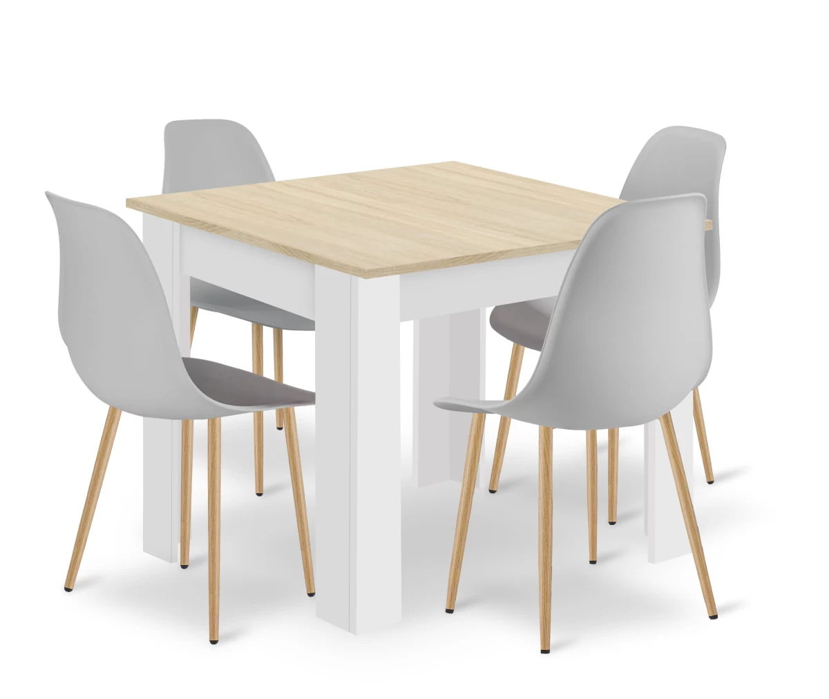 Komplektas Stalas Np 80x80 Sonoma ąžuolas + Balta + 4 Kėdės Wat Pilka / Natūralios Kojos