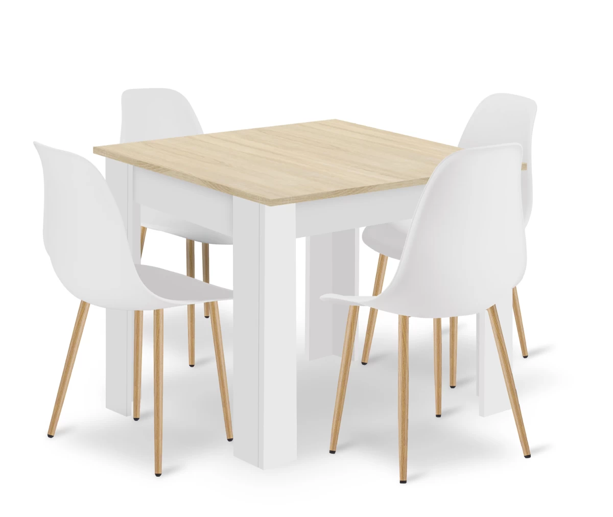 Komplektas Stalas Np 80x80 Sonoma ąžuolas + Baltas + 4 Kėdės Wat Baltos / Natūralios Kojos