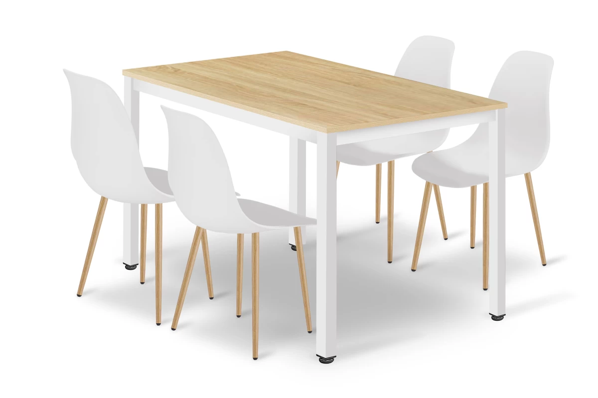Komplektas Tessa Stalas 120 Cm X 60 Cm - ąžuolinis / Baltos Kojos + 4 Kėdės Wat Baltos / Natūralios Kojos