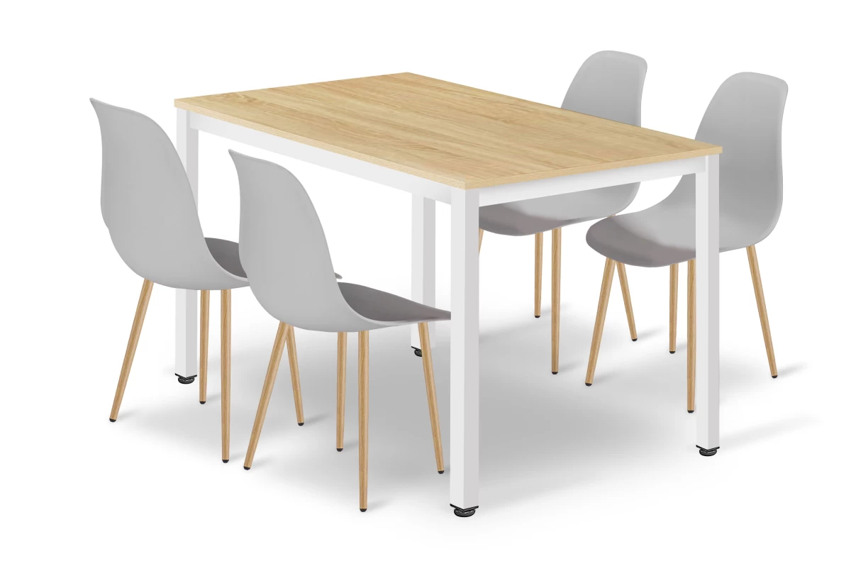 Komplektas Tessa Stalas 120 Cm X 60 Cm - ąžuolinis / Baltos Kojos + 4 Kėdės Wat Pilka / Natūralios Kojos
