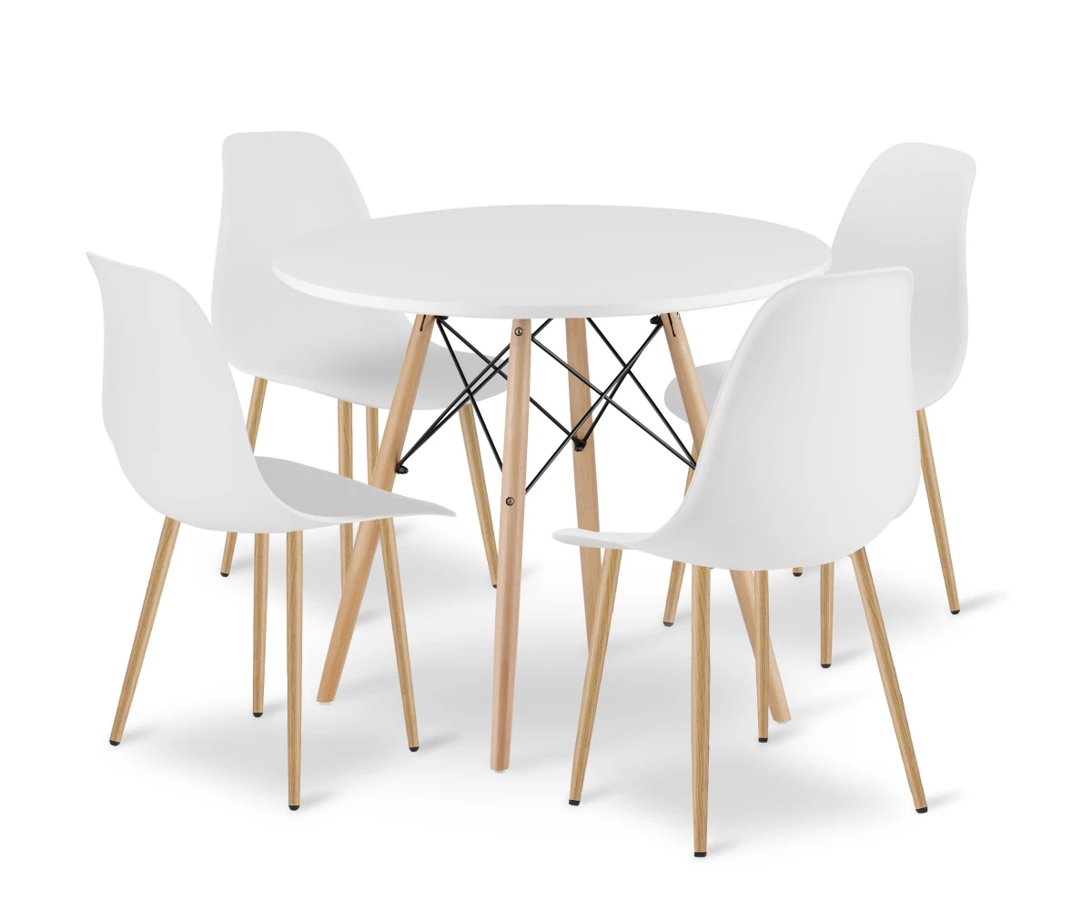 Komplektas Todi 80 Cm Apvalus Stalas - Baltas + 4 Kėdės Wat Baltos / Natūralios Kojos
