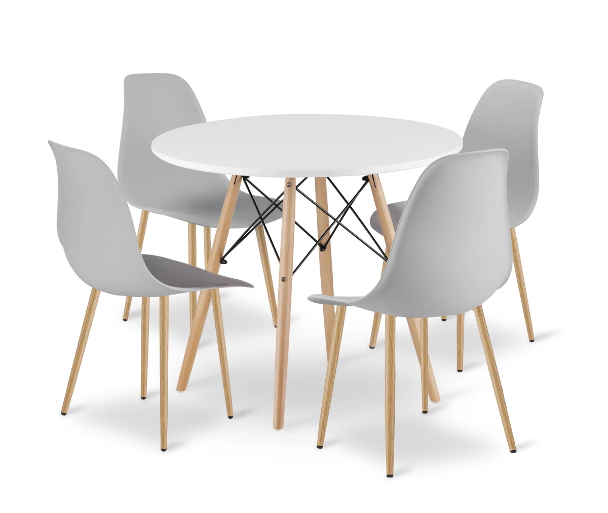 Komplektas Todi 80 Cm Apvalus Stalas - Baltas + 4 Kėdės Wat Pilka / Natūralios Kojos