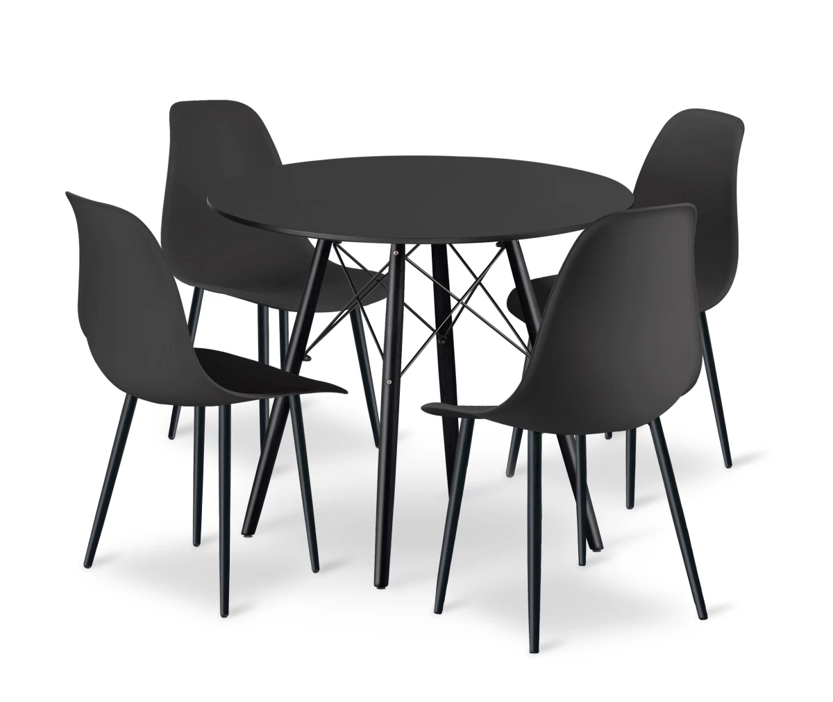 Komplektas Todi 80 Cm Apvalus Stalas - Juodas / Juodos Kojos + 4 Kėdės Wat Juodos / Juodos Kojos