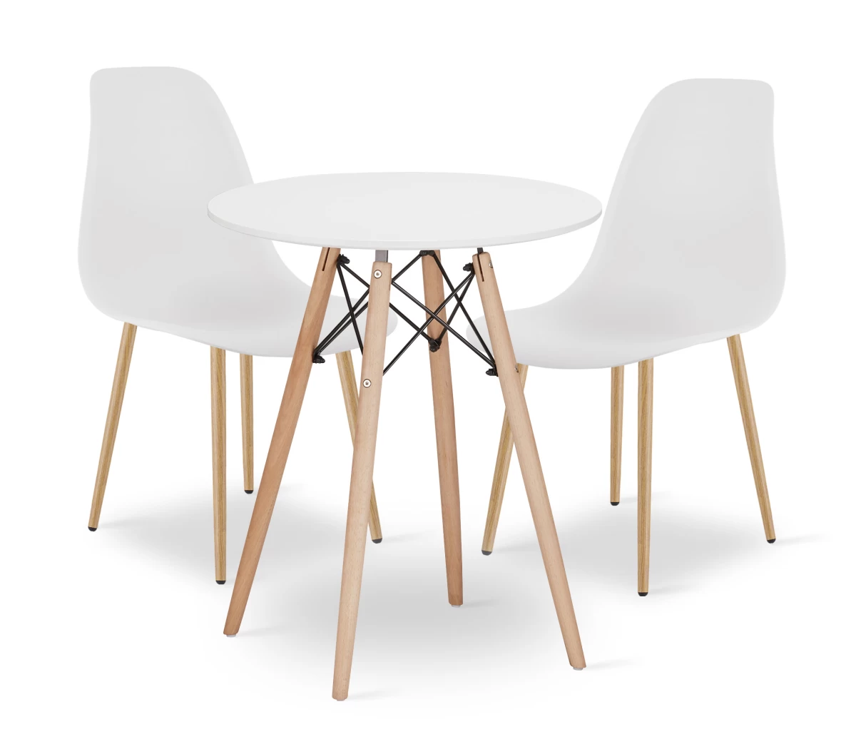 Komplektas Todi Apvalus 60 Cm Stalas - Baltas + 2 Kėdės Wat Baltos / Natūralios Kojos