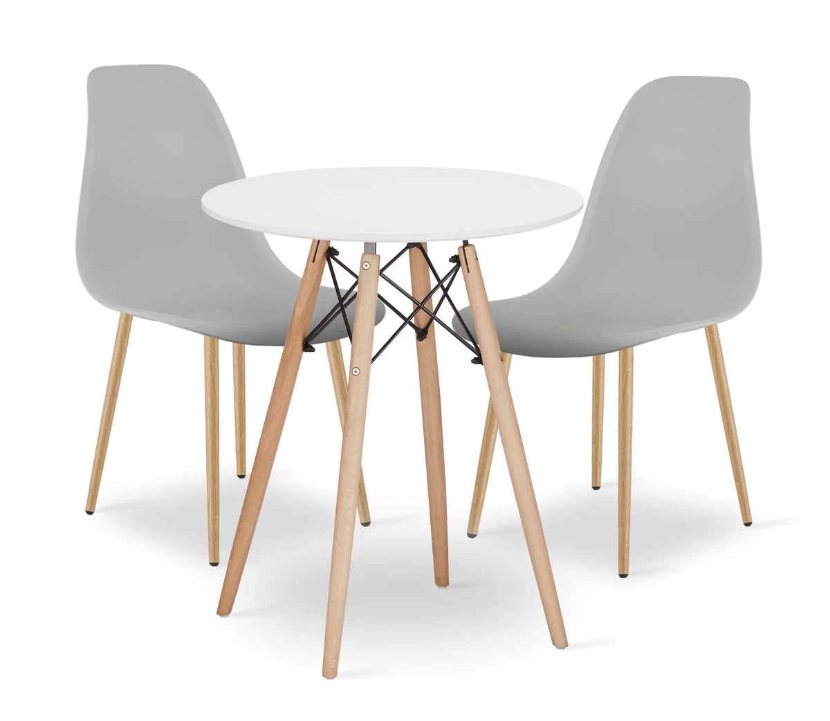 Komplektas Todi Apvalus 60 Cm Stalas - Baltas + 2 Kėdės Wat Pilka / Natūralios Kojos