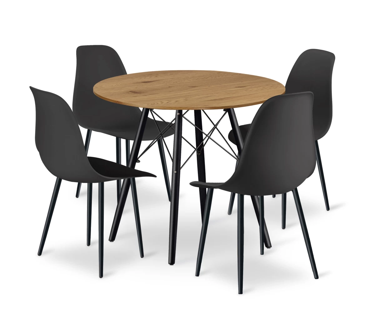 Komplektas Todi Apvalus Stalas 80 Cm - ąžuolas + 4 Kėdės Wat Juoda / Kojos Juodos