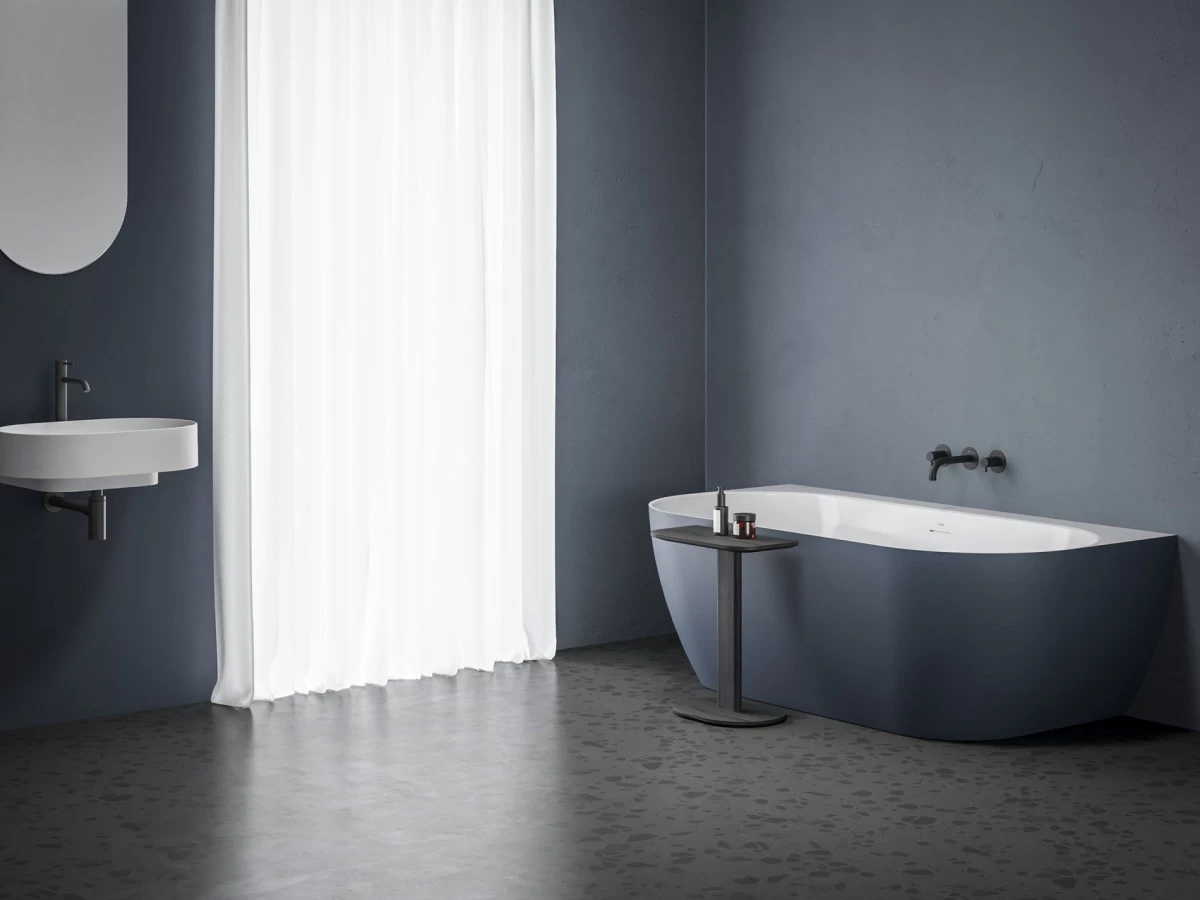 Laisvai pastatoma vonia Ravak Freedom Wall Tec 170x87, Deepsea Blue/balta, sifono dangtelis baltos/juodos/chromo spalvos, CE31400000