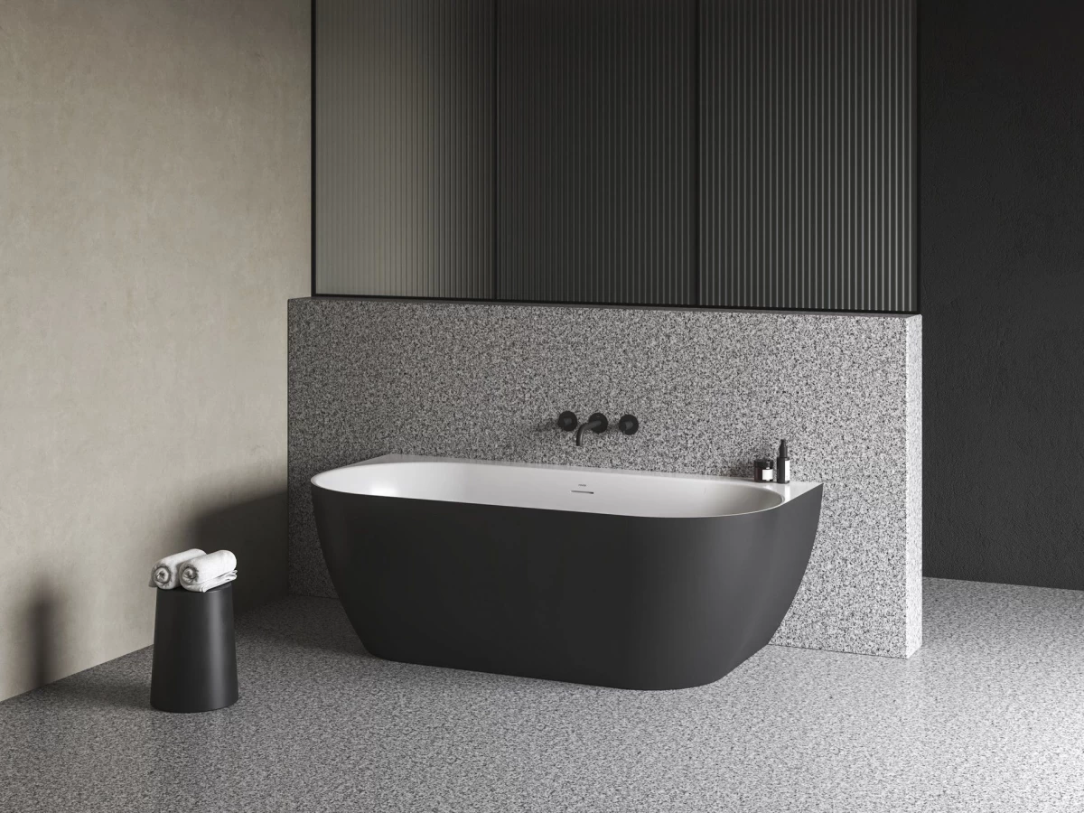 Laisvai pastatoma vonia Ravak Freedom Wall Tec 170x87, juoda/balta, sifono dangtelis juodos/baltos/chromo spalvos, CE31700000