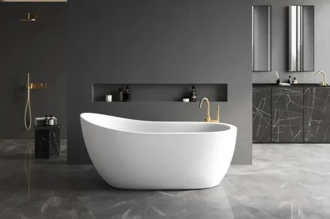 Laisvai pastatoma Xonyx™ lieto akmens vonia Balteco GAIA 174x78x77/62 cm, balta matinė