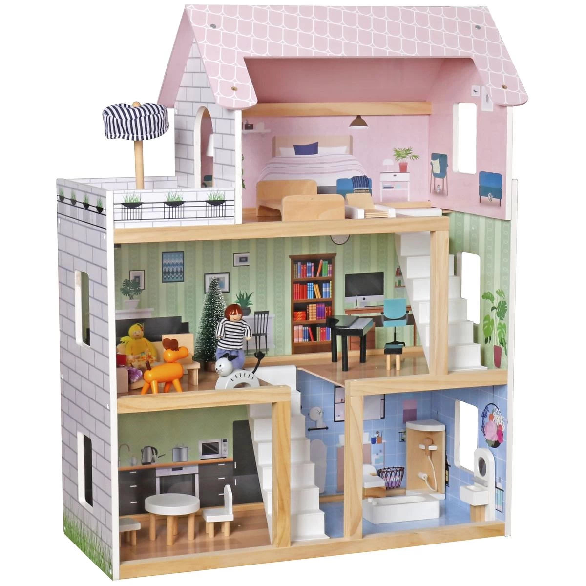 Led Tree Doll House 62x27x77cm + 3 Lėlės + 2 Gyvūnai.