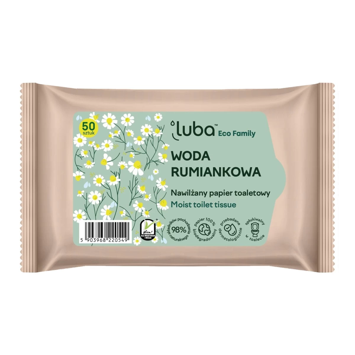 Luba Eco Family Drėkinamasis Tualetinis Popierius Su Ramunėlių Vandeniu, 50 Vnt.
