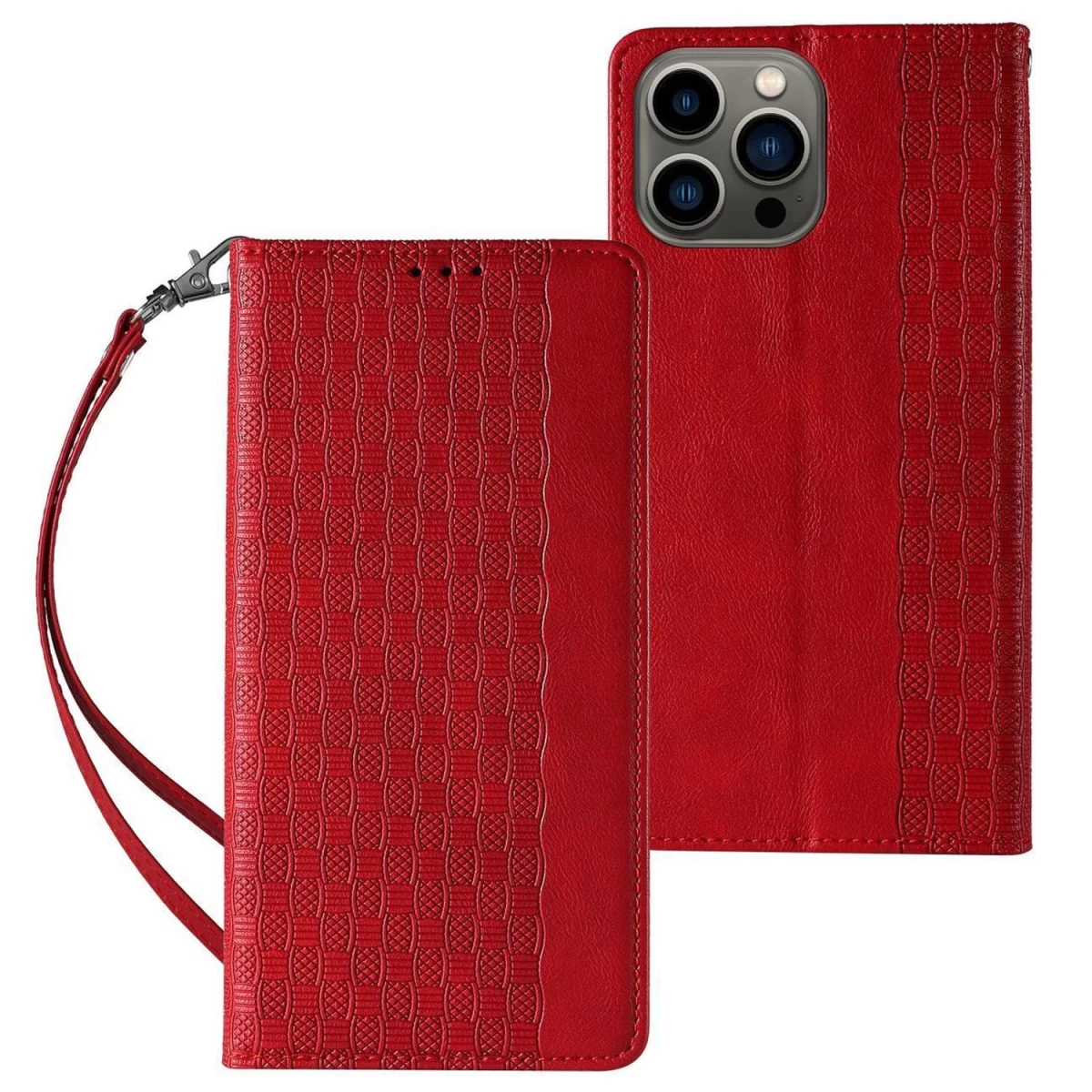 Magneto Dirželio Dėklas iphone 12 Pro Max Dėklas Piniginė + Mini švino Pakabukas Raudonas