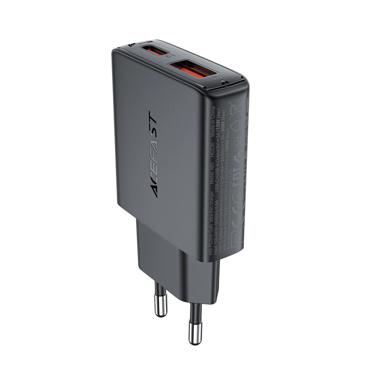 Mažas Plokščias Gan Pd 30w Usb-a Usb-c Tinklo įkroviklis, Juodas