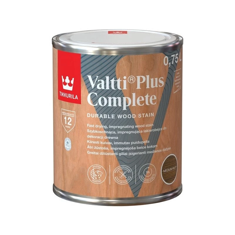 Medienos impregnantas TIKKURILA Valtti Plus Complete, 0,75l lazdyno riešuto sp. Medienos impregnantas TIKKURILA Valtti Plus Complete, 0,75l lazdyno riešuto sp.