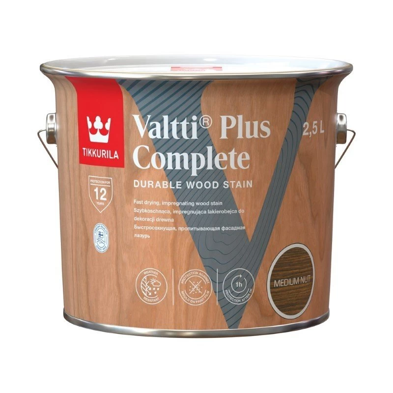 Medienos impregnantas TIKKURILA Valtti Plus Complete, 2,5l lazdyno riešuto sp. Medienos impregnantas TIKKURILA Valtti Plus Complete, 2,5l lazdyno riešuto sp.