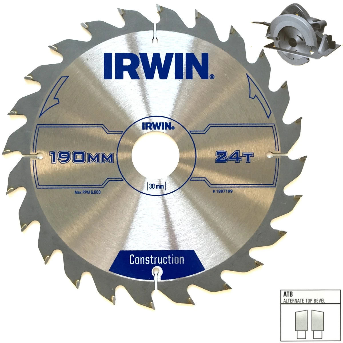 Medienos pjovimo diskas IRWIN ATB, 190x24Tx30/20/16mm Medienos pjovimo diskas IRWIN ATB, 190x24Tx30/20/16mm