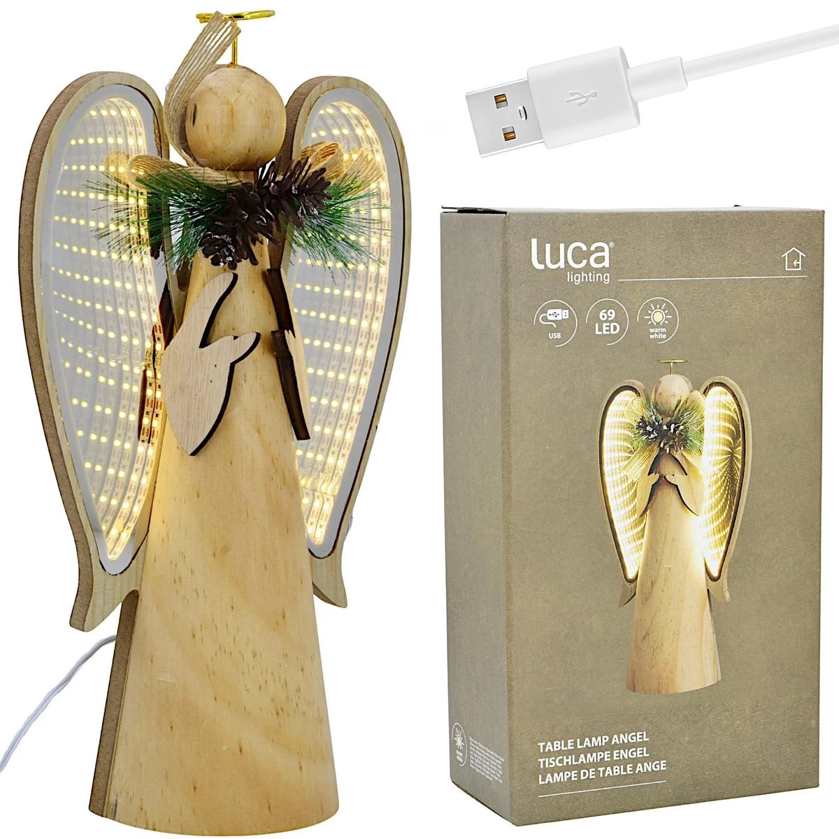 Medinis Dekoratyvinis Angelas Su Led, Aukštis: 30 Cm, Usb