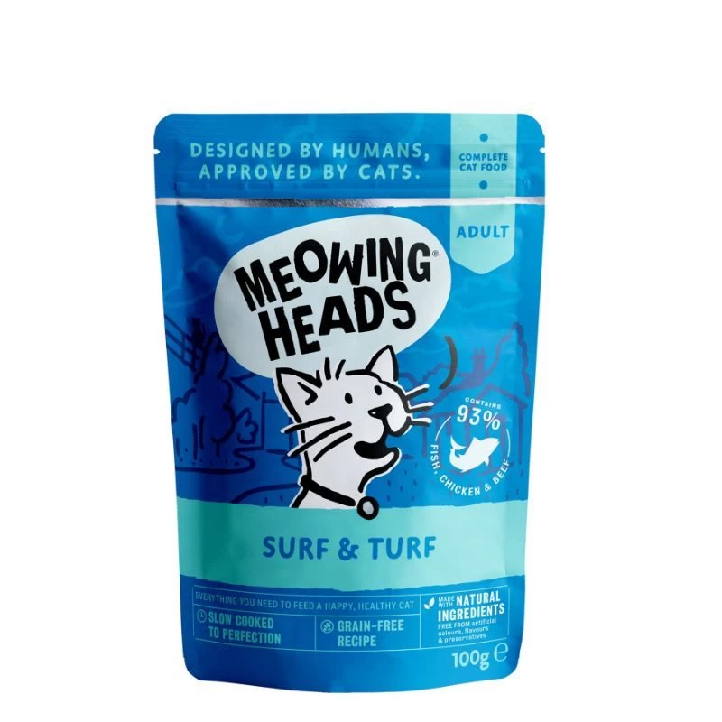 MEOWING HEADS Supurr Surf/Turf konservai katėms (žuvis/vištiena/jautiena) 100g 10vnt, MWFS100