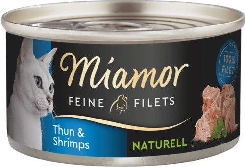 Miamor Feine Filets Naturell papildinis šlapias pašaras katėms tunas su krevetėmis konservai 80g