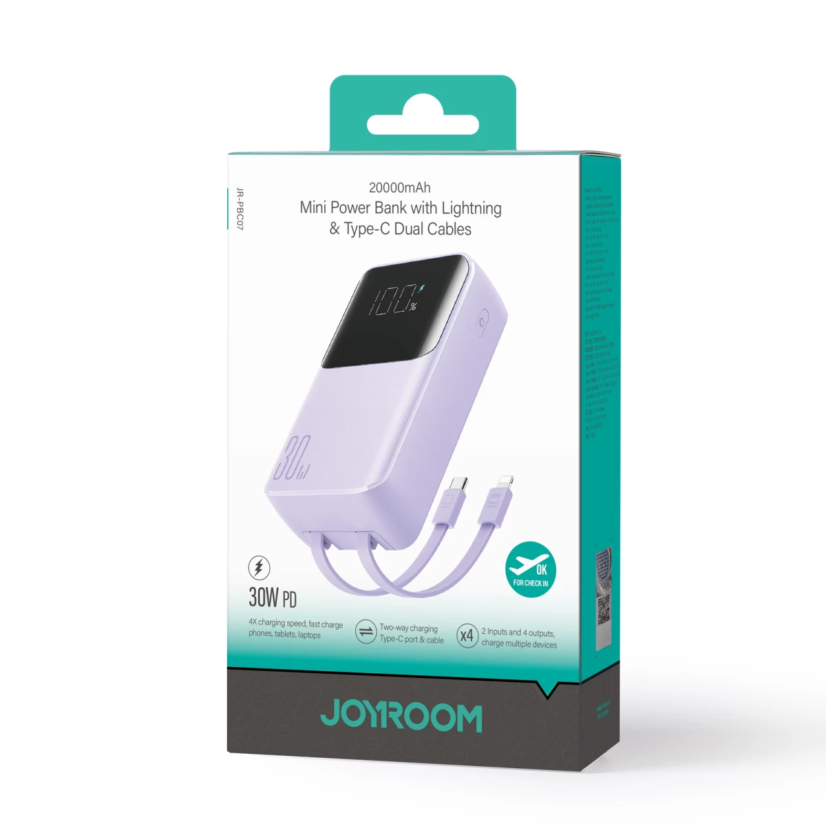 Mini Powerbank 20000mah Su Integruotais Laidais Jr-pbc07 30w šviesiai Violetinės Spalvos
