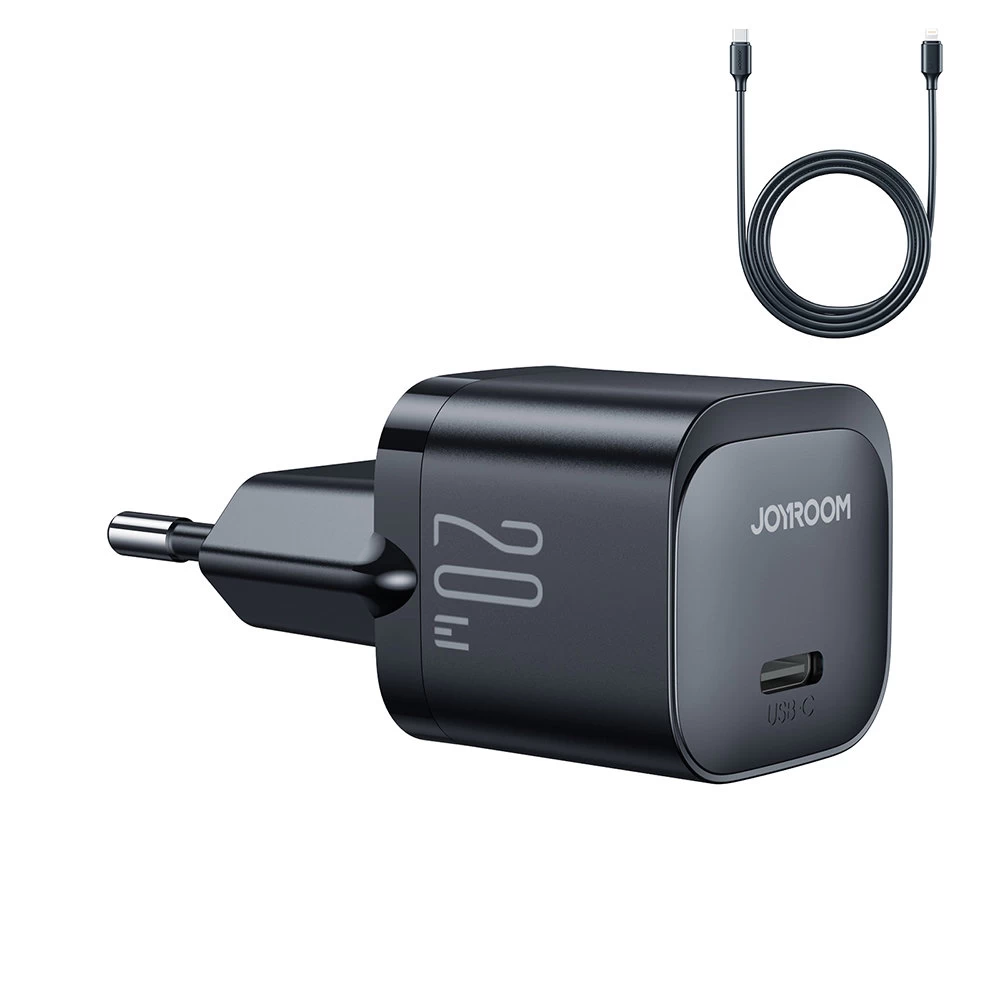 Mini Usb-c 20w Pd Tinklo įkroviklis Su Kabeliu, Skirtas iphone Lightning, Juodas