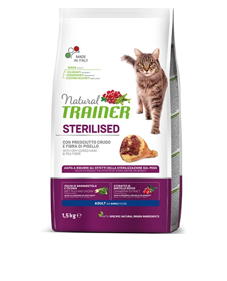NATURAL TRAINER Cat adult Sterilised HAM su vytintu kumpiu 1.5kg, 924914