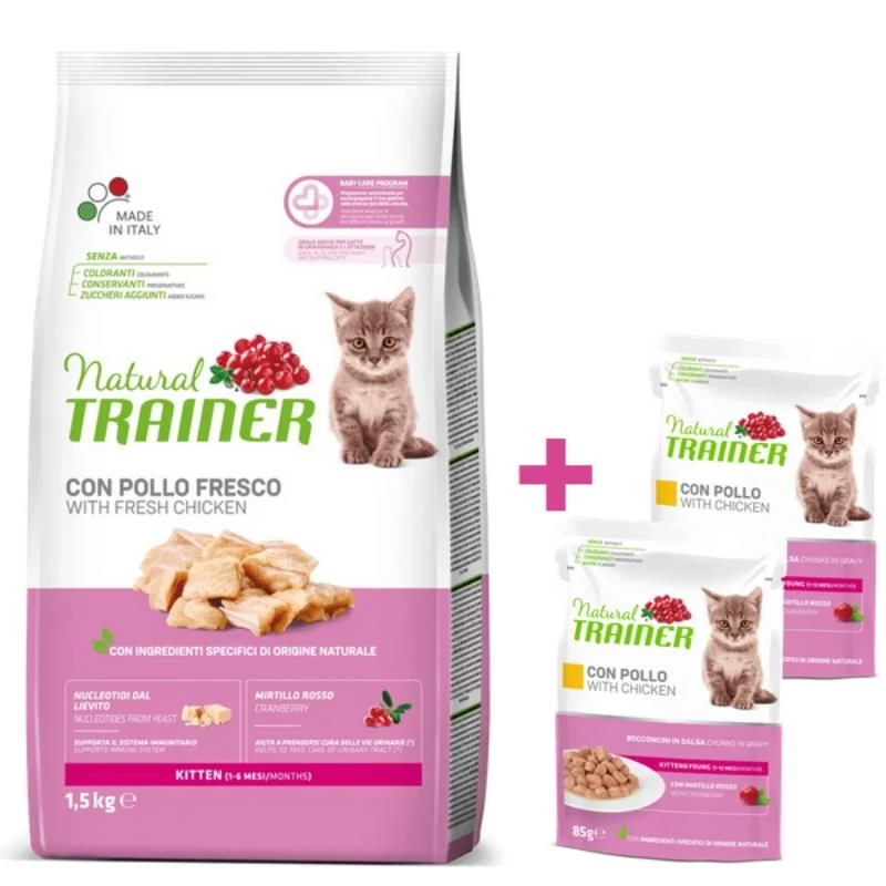 NATURAL TRAINER Cat Kitten Chicken kačiukams su vištiena 1.5kg + 2konservai, 967782