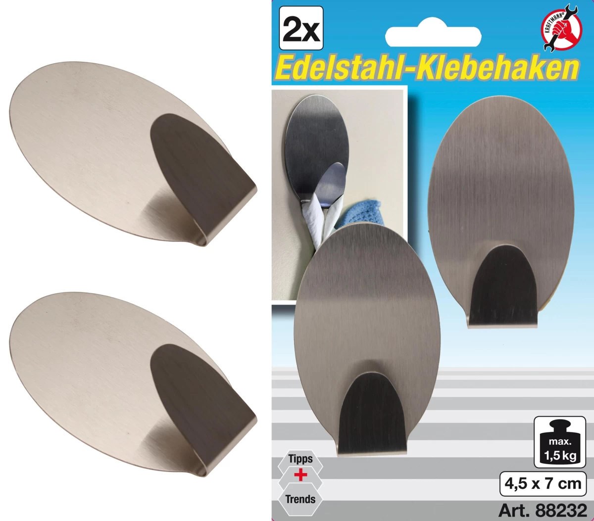 Nerūdijančio plieno klijuojami kabliukai | 45 x 70 mm | 1.5 kg | 2  vnt. (88232)