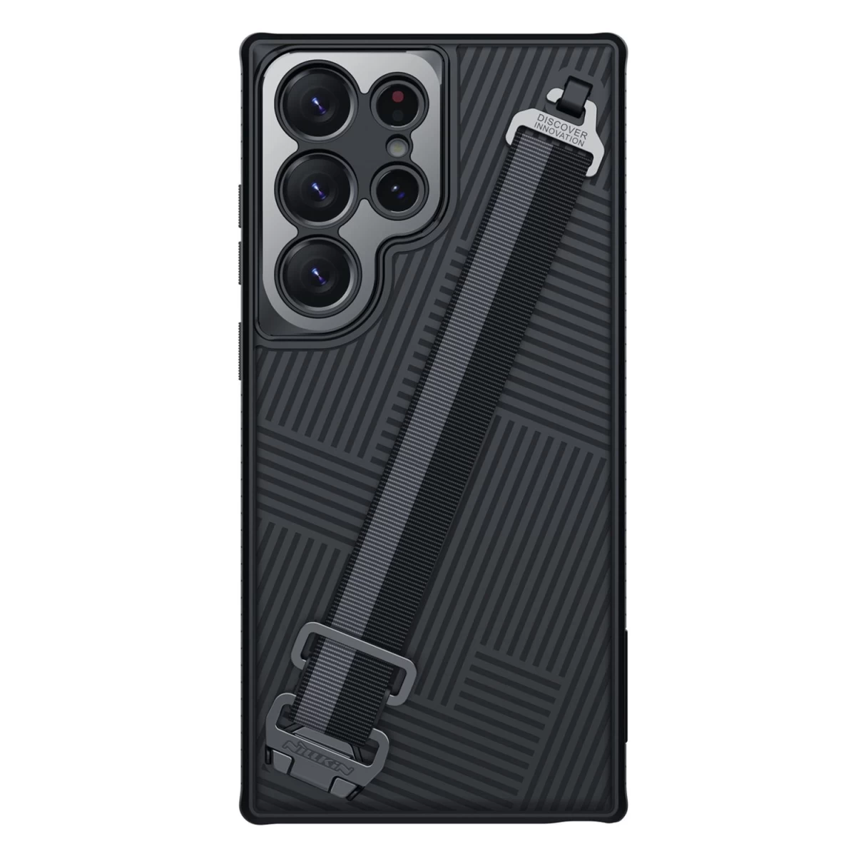 Nillkin Strap Case For Samsung Galaxy S23 Ultra šarvuotas Dėklas Su Riešo Dirželiu Juodas