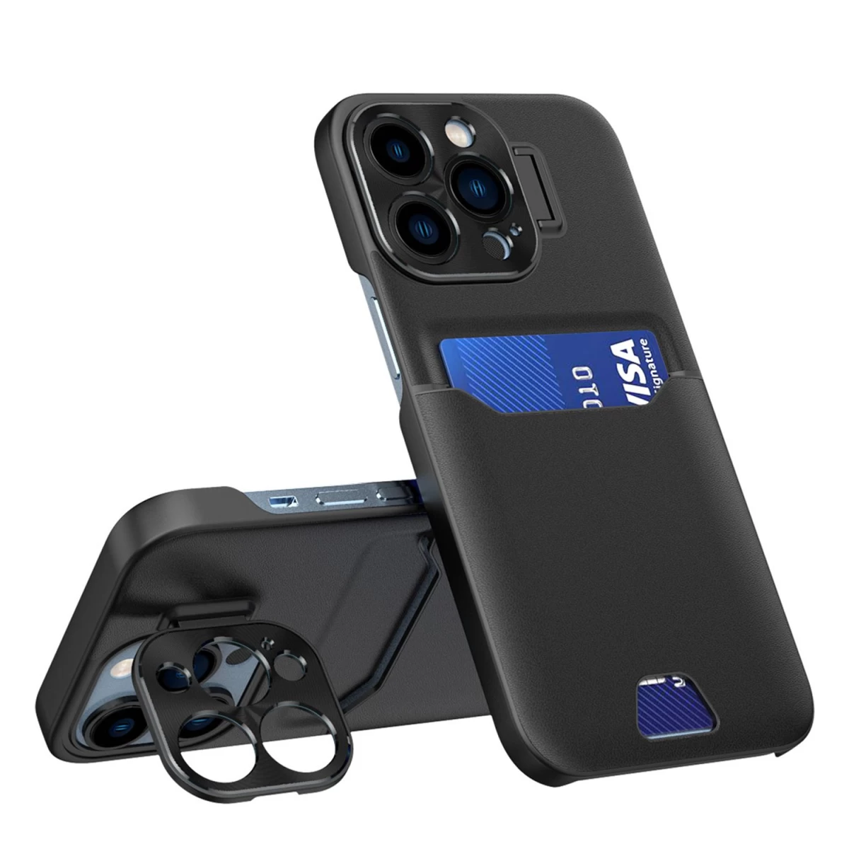 Odinis iphone 14 Pro Max Kortelių Dėklas Su Stovu Juodas