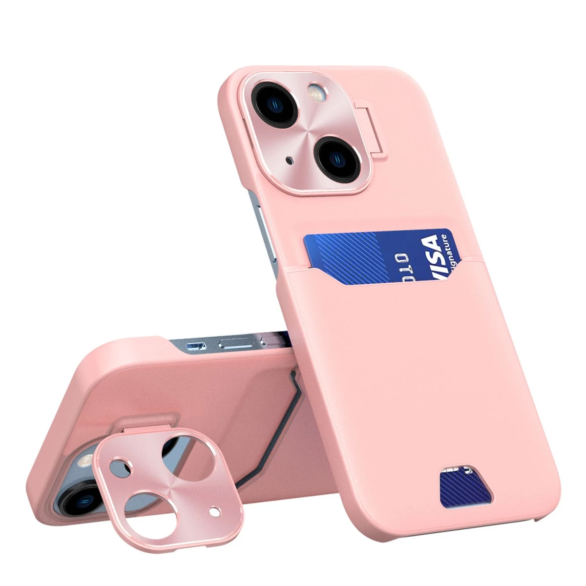 Odinis Stovo Dėklas Iphone 14 Plus Kortelių Piniginei Su Stovu Rožinės Spalvos