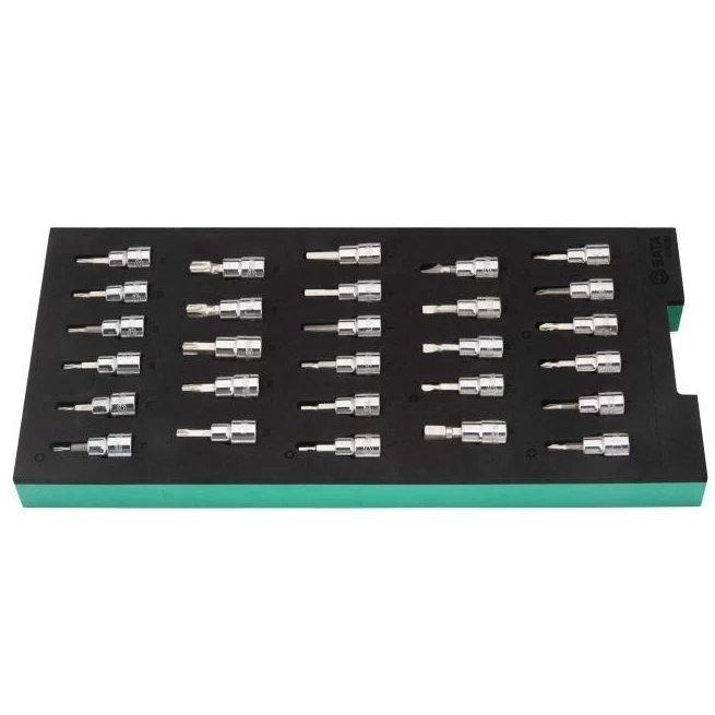 Padėklas. Galvučių su antgaliais rinkinys 3/8 (pl./PH/PZ/HEX/torx) 28vnt. Padėklas. Galvučių su antgaliais rinkinys 3/8 (pl./PH/PZ/HEX/torx) 28vnt.