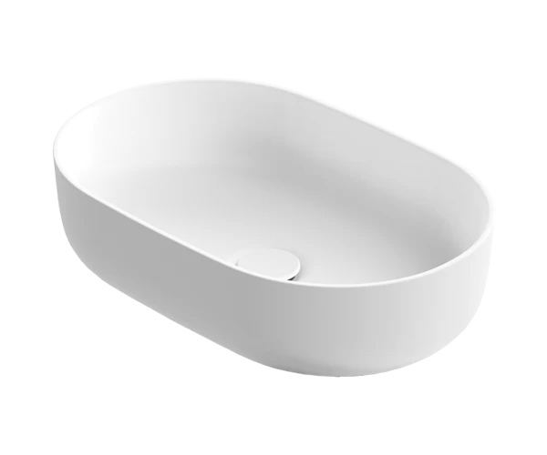 Pastatomas Xonyx™ lieto akmens praustuvas Balteco NEO O 56x36x14 cm, baltas matinis