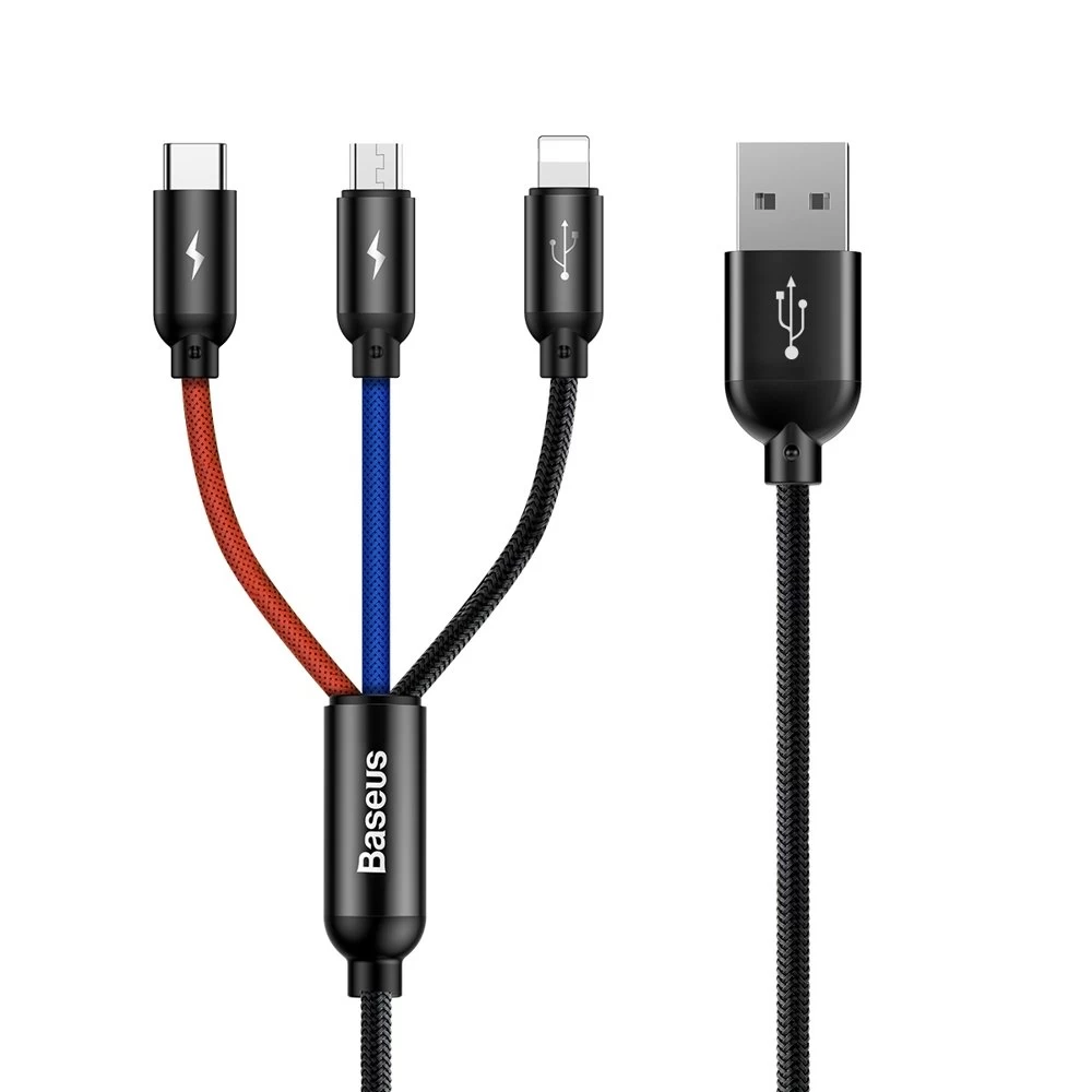 Patvarus 3-in-1 Usb Microusb Iphone Lightning Usb-c 3.5a Kabelis 1.2m Juodas