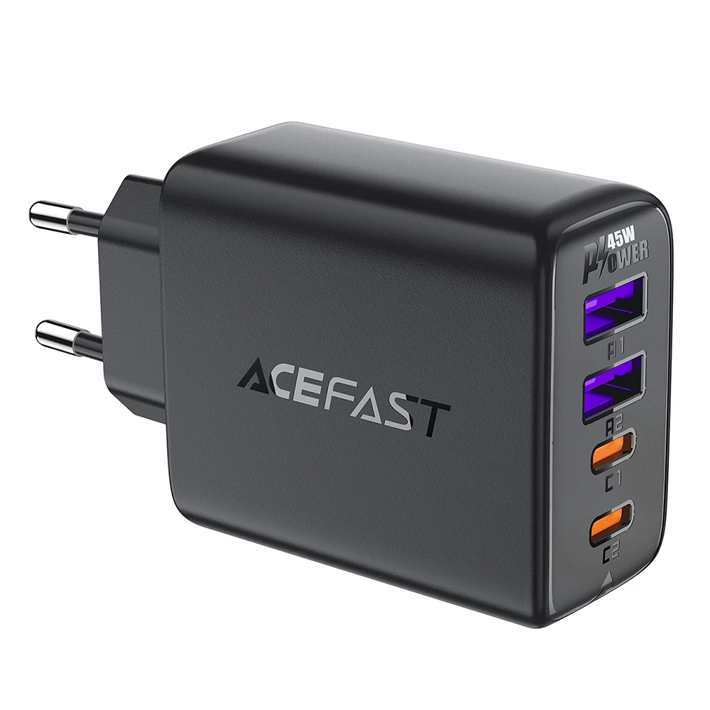 Pd 45w Gan Tinklo įkroviklis Su 4 Prievadais 2x Usb-c + 2x Usb-a, Juodas