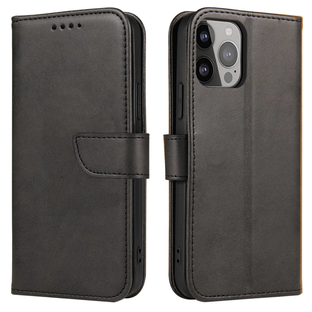 Piniginės Dėklas Su Atlenkiamu Stovu Iphone 15 Pro Magnet Case - Juodas