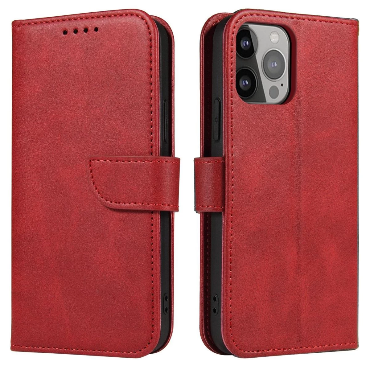 Piniginės Dėklas Su Atvartu Ir Stovu Iphone 15 Plus Magnet Case - Raudonas