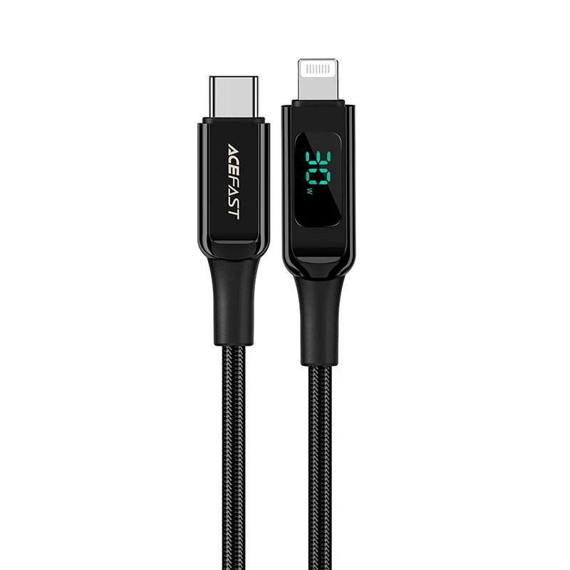 Pintas Kabelis Su Led Ekranu, Skirtas Iphone Mfi Usb-c - Lightning 1,2 M 30w 3a Juodas