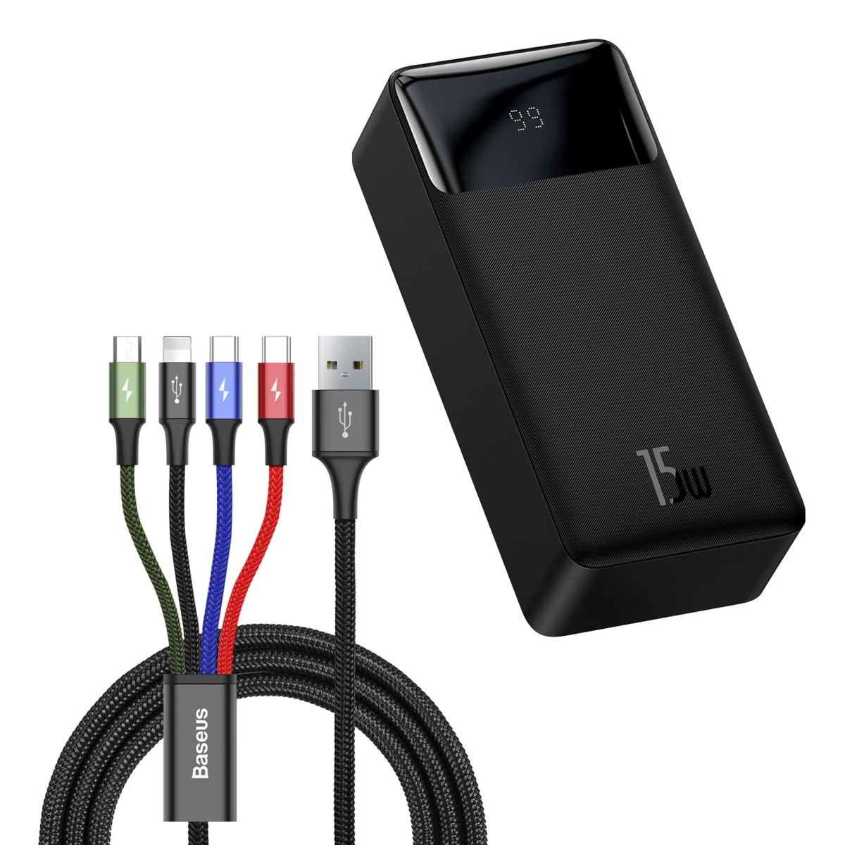 Powerbank 30000mah 15w Bipow + Usb Kabelis 4in1 Microusb / Lightning / 2x Usb-c 1,2 M Juodas